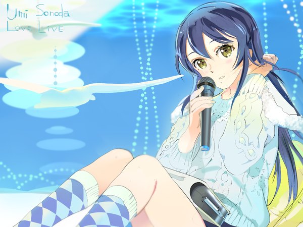 Anime picture 1000x750 with love live! school idol project sunrise (studio) love live! sonoda umi 119 single long hair looking at viewer blush sitting brown eyes blue hair sky cloud (clouds) character names adjusting hair sketch girl socks sweater