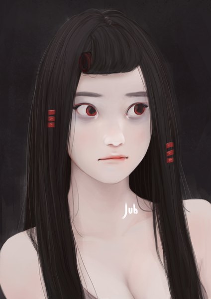 Anime picture 1920x2716 with original alyssa (jubi) jubi (regiana) single long hair tall image highres black hair red eyes bare shoulders signed looking away realistic portrait dark background pale skin girl