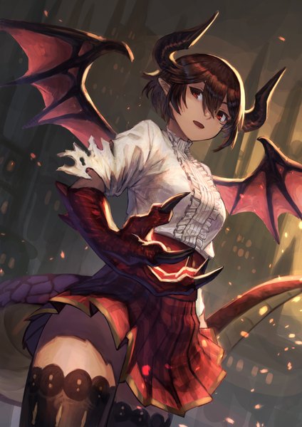 Anime picture 2315x3274 with shingeki no bahamut grea (shingeki no bahamut) konoike (pepe expect) single tall image looking at viewer fringe highres short hair breasts open mouth hair between eyes red eyes brown hair standing tail pleated skirt horn (horns) pointy ears zettai ryouiki