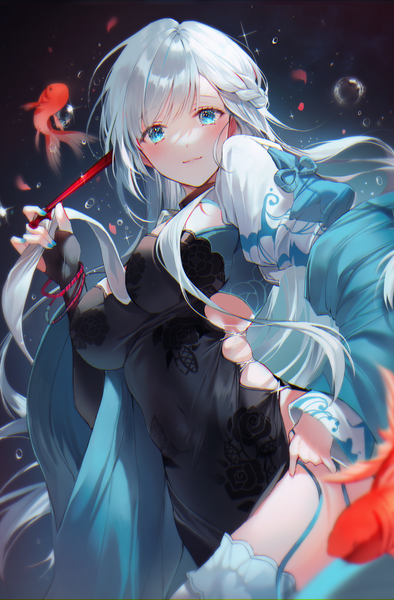 Anime picture 2097x3193 with azur lane belfast (azur lane) belfast (iridescent rose) (azur lane) 2sham single long hair tall image looking at viewer blush fringe highres breasts blue eyes light erotic large breasts silver hair braid (braids) long sleeves nail polish traditional clothes