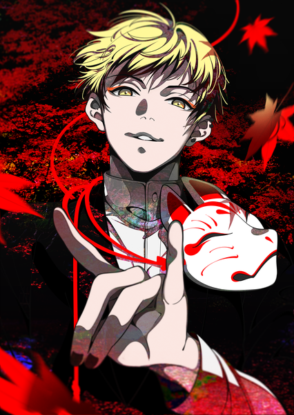 Anime picture 2480x3496 with jujutsu kaisen mappa zen'in naoya sibato5 single tall image looking at viewer highres short hair blonde hair yellow eyes upper body parted lips piercing ear piercing fox shadow puppet boy leaf (leaves) mask maple leaf