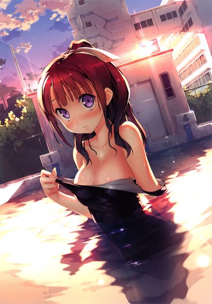 Anime picture 2115x3030 with kantoku single long hair tall image looking at viewer blush fringe highres breasts light erotic smile brown hair standing purple eyes bare shoulders absurdres sky cloud (clouds) ponytail light smile