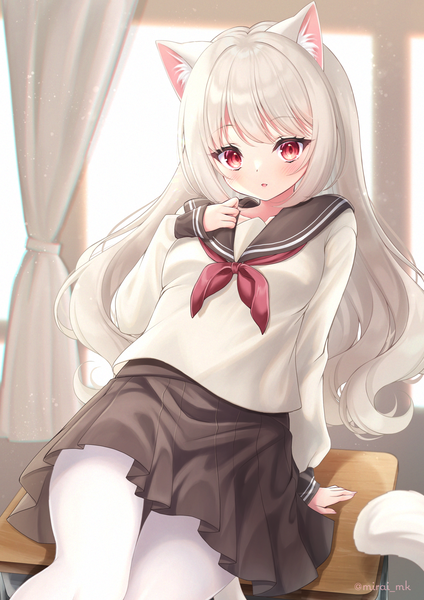 Anime picture 1414x2000 with original mirai (happy-floral) single long hair tall image red eyes signed animal ears silver hair indoors tail animal tail cat ears arm support cat girl cat tail twitter username girl skirt uniform