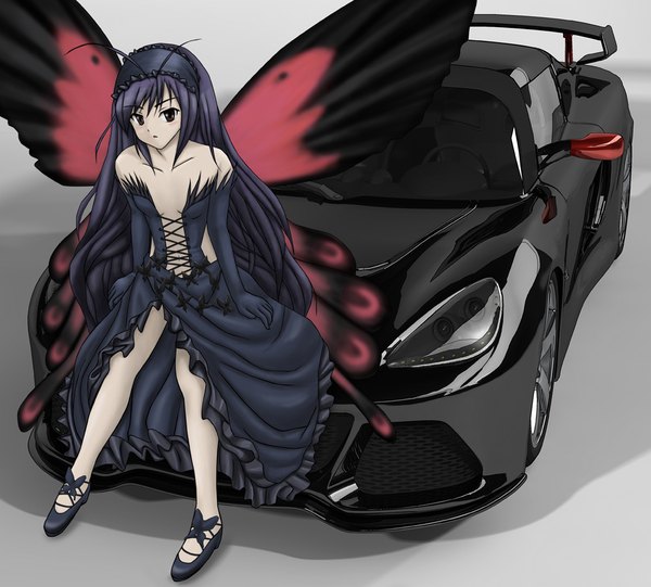 Anime picture 1000x902 with accel world sunrise (studio) kuroyukihime single long hair blush breasts light erotic black hair simple background sitting bare shoulders brown eyes full body grey background bare legs flat chest lolita fashion goth-loli insect wings