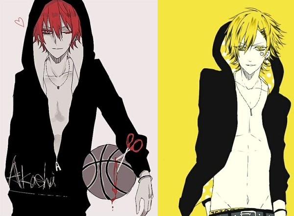 Anime picture 1044x769 with kuroko no basket production i.g kise ryouta akashi seijuurou ibuki (artist) looking at viewer short hair blonde hair simple background red eyes standing yellow eyes red hair one eye closed pink eyes light smile wink grey background open clothes open jacket