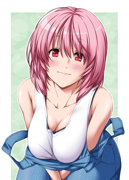 Anime picture 893x1253 with touhou saigyouji yuyuko nori tamago single long hair tall image looking at viewer blush breasts light erotic red eyes large breasts bare shoulders pink hair cleavage girl overalls