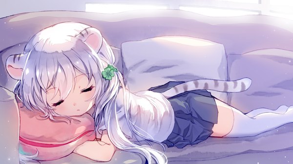 Anime picture 1280x720 with original mechuragi single long hair blush fringe hair between eyes wide image twintails animal ears silver hair indoors tail lying eyes closed animal tail short sleeves low twintails on stomach sleeping