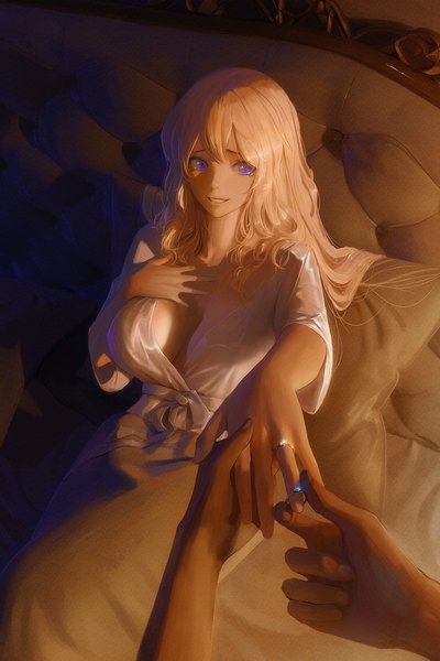 Anime-Bild 1000x1500 mit original cool4noodle long hair tall image fringe breasts blue eyes light erotic blonde hair smile large breasts sitting parted lips from above tears hand on chest outstretched hand pov happy tears girl