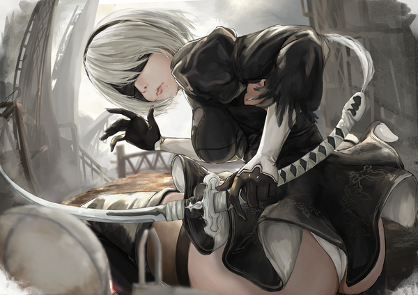 Anime picture 2046x1447 with nier nier:automata yorha no. 2 type b sherlock hime single fringe highres short hair breasts light erotic holding ass white hair mole puffy sleeves mole under mouth blindfold girl thighhighs dress