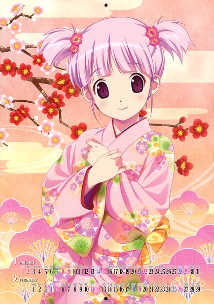 Anime picture 3512x4995 with koutaro tall image blush highres short hair smile purple eyes twintails pink hair absurdres japanese clothes short twintails girl flower (flowers) kimono calendar camellia (flower)