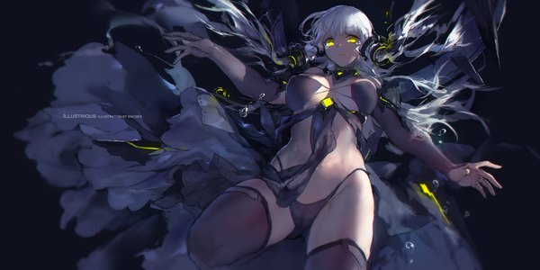 Anime picture 2126x1063 with azur lane illustrious (azur lane) swd3e2 single long hair looking at viewer highres breasts light erotic wide image large breasts yellow eyes bent knee (knees) white hair official art character names tears black background cameltoe highleg