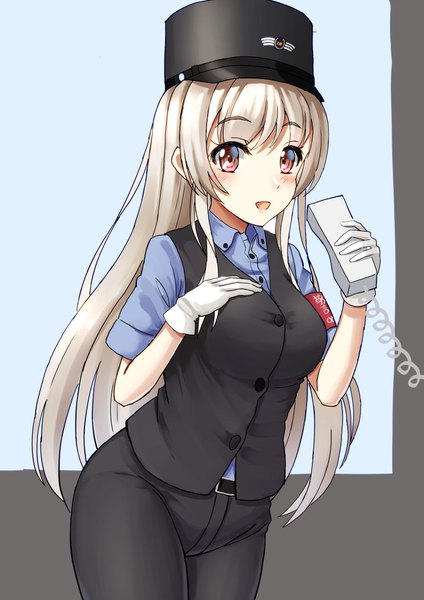 Anime picture 827x1169 with kantai collection yokohama seaside line shoukaku aircraft carrier isonami destroyer mayura2002 single long hair tall image looking at viewer blush fringe breasts open mouth simple background blonde hair smile large breasts standing holding brown eyes