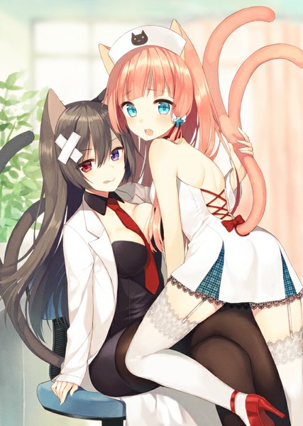 Anime-Bild 570x800 mit original ichijou kokona midorikawa you long hair tall image blush breasts open mouth blue eyes light erotic red eyes brown hair sitting purple eyes twintails multiple girls animal ears bent knee (knees) tail animal tail