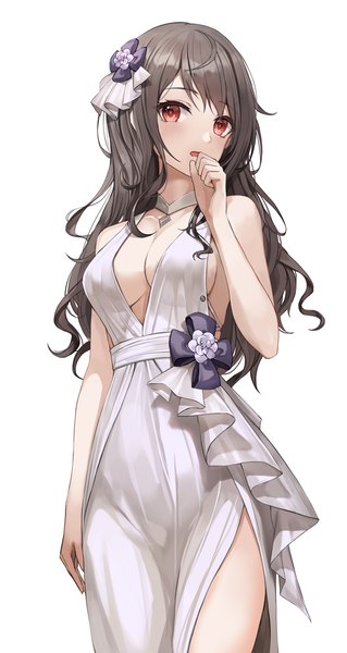 Anime picture 763x1433 with original lunacle single long hair tall image looking at viewer blush fringe breasts open mouth light erotic simple background red eyes brown hair standing white background bare shoulders cleavage hair flower from below