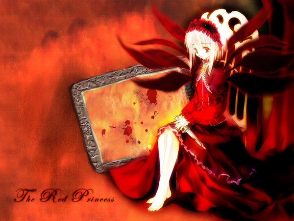 Anime picture 1280x960 with original sumi keiichi faiz138 short hair blonde hair red eyes sitting looking away full body barefoot red background third-party edit bloody weapon girl dress weapon wings hairband blood red dress
