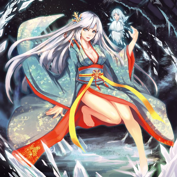 Anime picture 2000x2000 with original iyokamioto long hair highres short hair breasts open mouth blue eyes multiple girls silver hair bent knee (knees) traditional clothes japanese clothes barefoot light smile lips aqua hair no shoes makeup minigirl