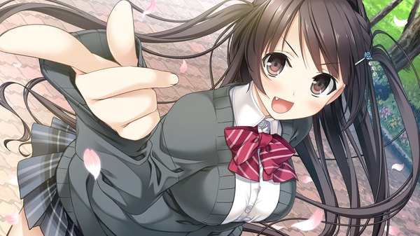 Anime picture 1280x720 with kiss ato kano hijiri mikoto akemi single long hair looking at viewer blush open mouth black hair wide image brown eyes game cg girl skirt uniform school uniform petals