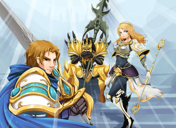 Anime picture 1500x1091 with league of legends lux (league of legends) garen (league of legends) jarvan iv (league of legends) beanbean1988 long hair looking at viewer short hair blue eyes black hair blonde hair brown hair sitting black eyes midriff looking down girl boy gloves weapon