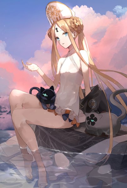 Anime picture 2721x4029 with fate (series) fate/grand order abigail williams (fate) abigail williams (swimsuit foreigner) (fate) hoshi rasuku single tall image highres blue eyes blonde hair sitting twintails sky cloud (clouds) braid (braids) very long hair barefoot arm support bare legs hair bun (hair buns)