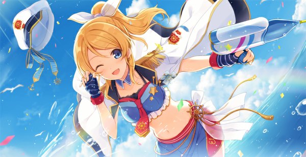 Anime picture 800x411 with love live! school idol project sunrise (studio) love live! ayase eli 6u (eternal land) single long hair looking at viewer blush blonde hair wide image standing holding sky cloud (clouds) ponytail one eye closed wink bare belly midriff