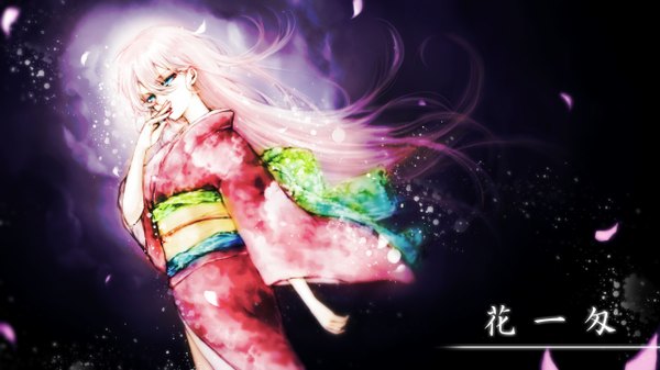 Anime picture 2560x1440 with vocaloid megurine luka ohagi (ymnky) single long hair highres blue eyes wide image pink hair traditional clothes japanese clothes wind inscription hand to mouth girl petals belt kimono
