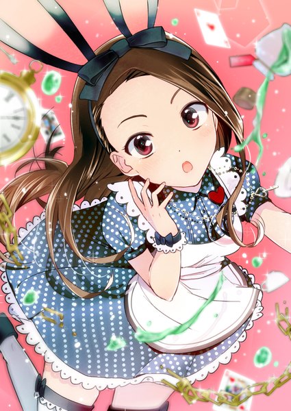 Anime picture 1433x2024 with idolmaster alice in wonderland minase iori paruru (loooooper) single long hair tall image looking at viewer blush red eyes brown hair :o cosplay broken dressy alice girl dress ribbon (ribbons) hair ribbon chain