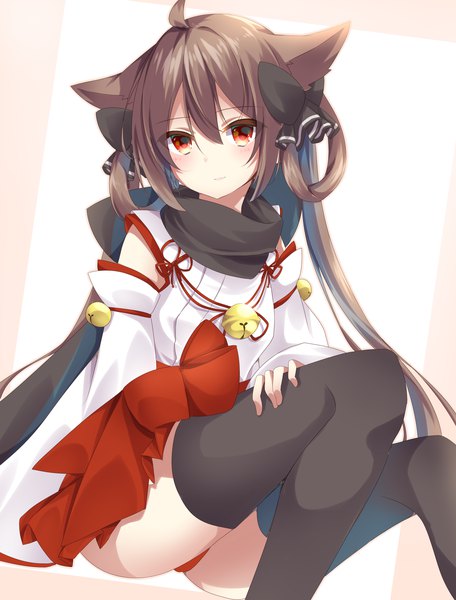 Anime picture 2507x3300 with original amane tari single long hair tall image looking at viewer blush highres light erotic black hair simple background twintails brown eyes animal ears ahoge pantyshot hand on hip low twintails pantyshot sitting girl