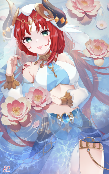 Anime picture 2508x4000 with genshin impact nilou (genshin impact) dodosako single long hair tall image looking at viewer blush fringe highres open mouth smile twintails bare shoulders signed red hair blunt bangs long sleeves :d horn (horns)