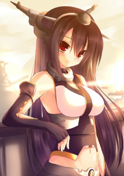 Anime picture 707x1000 with kantai collection nagato battleship syroh single long hair tall image looking at viewer blush black hair red eyes midriff girl gloves hair ornament fingerless gloves