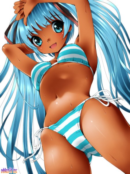 Anime picture 675x900 with project diva f 2nd vocaloid hatsune miku dr rex single long hair tall image open mouth light erotic simple background smile white background twintails :d aqua eyes aqua hair from below armpit (armpits) sweat tan