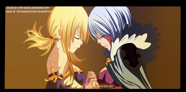 Anime picture 2000x992 with fairy tail lucy heartfilia yukino aguria eikens long hair highres short hair blonde hair simple background wide image bare shoulders multiple girls silver hair braid (braids) eyes closed profile twin braids coloring torn clothes holding hands