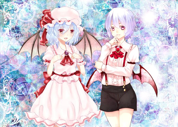 Anime picture 1947x1401 with touhou remilia scarlet yutazou blush highres short hair smile red eyes multiple girls blue hair teeth fang (fangs) alternate costume dual persona girl dress skirt 2 girls shirt wings