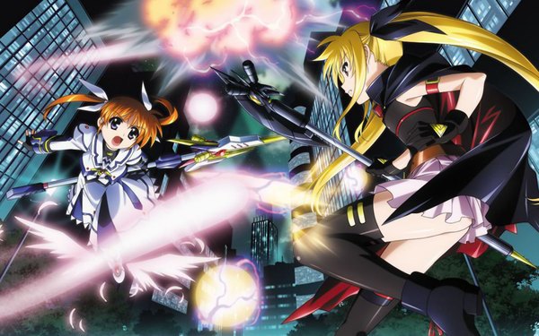 Anime picture 1920x1200 with mahou shoujo lyrical nanoha fate testarossa takamachi nanoha highres open mouth blonde hair wide image twintails multiple girls holding payot outdoors orange hair wallpaper fighting stance jpeg artifacts girl ribbon (ribbons) 2 girls hair ribbon