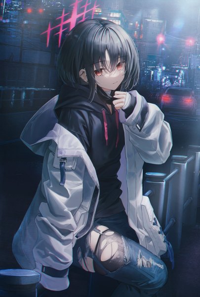 Anime picture 1605x2377 with blue archive misaki (blue archive) flippy (cripine111) single tall image looking at viewer fringe short hair black hair hair between eyes red eyes sitting outdoors long sleeves off shoulder night open jacket piercing sleeves past wrists ear piercing