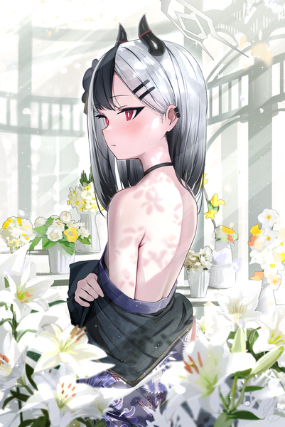 Anime picture 2625x3931 with blue archive kayoko (blue archive) kayoko (new year) (blue archive) hidulume single long hair tall image blush highres light erotic black hair red eyes silver hair upper body multicolored hair horn (horns) off shoulder two-tone hair back bare back
