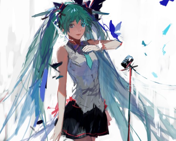 Anime picture 1000x800 with vocaloid hatsune miku tang elen single long hair looking at viewer fringe open mouth simple background white background twintails bare shoulders aqua eyes aqua hair girl skirt gloves uniform necktie white gloves