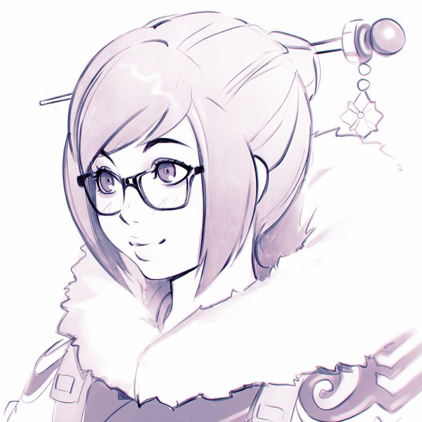 Anime picture 1080x1080 with overwatch blizzard entertainment mei (overwatch) ilya kuvshinov single blush short hair simple background smile white background payot looking away fur trim monochrome portrait eyebrows girl glasses hairclip fur collar