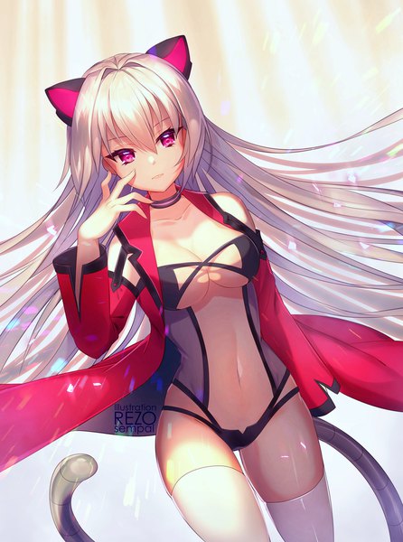 Anime picture 1606x2160 with original rezo-sempai single long hair tall image looking at viewer blush fringe breasts light erotic simple background hair between eyes large breasts standing bare shoulders signed animal ears cleavage white hair tail