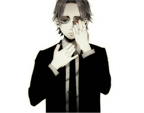 Anime picture 1557x1229 with gangsta. worick arcangelo tagme (artist) single looking at viewer short hair blue eyes simple background blonde hair white background one eye closed fingernails lips monochrome expressionless hand on face bleeding boy necktie blood