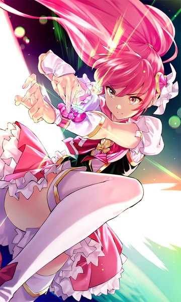 Anime picture 900x1500 with precure happinesscharge precure! toei animation aino megumi cure lovely motoki (hisano motoki) single long hair tall image fringe hair between eyes looking away pink hair ponytail pink eyes magic magical girl girl thighhighs white thighhighs