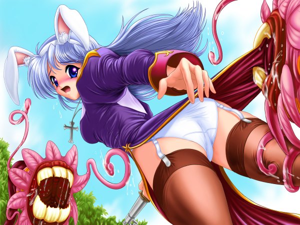 Anime picture 1200x900 with ragnarok online priest (ragnarok online) light erotic animal ears blue hair bunny ears underwear panties tentacles