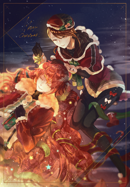 Anime picture 839x1200 with houseki no kuni rutile (houseki no kuni) padparadscha (houseki no kuni) sugurin long hair tall image short hair smile sitting red hair lying eyes closed very long hair border christmas merry christmas androgynous hand on another's head pantyhose black pantyhose