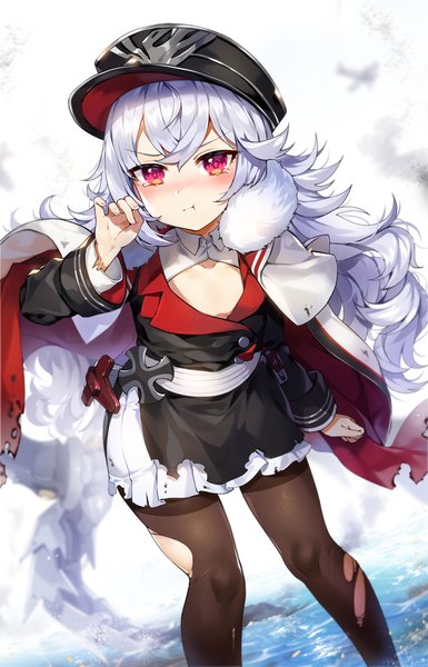 Anime picture 771x1200 with azur lane zeppy (azur lane) zeppelin-chan (azur lane) gijang single long hair tall image looking at viewer blush fringe simple background hair between eyes red eyes standing silver hair long sleeves pleated skirt loli fur trim tears