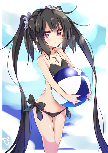 Anime picture 2508x3541 with original note-chan amano kouki single tall image looking at viewer blush fringe highres breasts light erotic black hair smile hair between eyes standing twintails bare shoulders holding payot sky