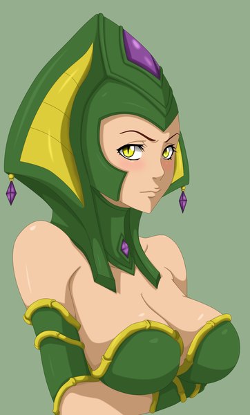 Anime picture 1000x1657 with league of legends cassiopeia (league of legends) flowerinhell single tall image looking at viewer breasts light erotic simple background large breasts bare shoulders yellow eyes crossed arms green background animal eyes girl headdress crystal