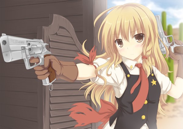 Anime picture 1600x1131 with touhou kirisame marisa mizunashi kenichi single long hair blonde hair brown eyes girl gloves weapon necktie gun