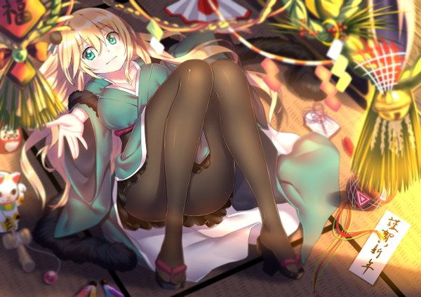Anime picture 1234x872 with kantai collection atago heavy cruiser touwa nikuman single long hair blush blue eyes light erotic blonde hair lying traditional clothes japanese clothes blurry legs girl pantyhose kimono bell jingle bell