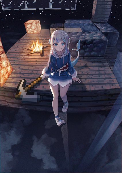 Anime picture 1414x2000 with minecraft virtual youtuber hololive hololive english gawr gura gawr gura (1st costume) nekoreito single long hair tall image looking at viewer fringe blue eyes smile sitting silver hair full body tail from above two side up