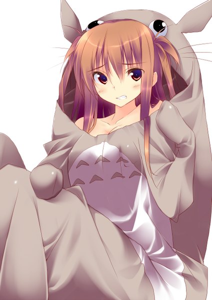 Anime picture 1000x1414 with tonari no totoro original studio ghibli totoro tororo inniina kuwashima rein single long hair tall image blush simple background red eyes brown hair white background two side up girl hood pajamas