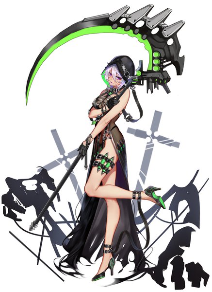 Anime picture 1300x1781 with original xiaoshou xiansheng single tall image looking at viewer fringe short hair light erotic simple background smile hair between eyes standing white background purple eyes bare shoulders silver hair full body bent knee (knees) head tilt high heels